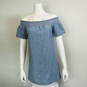 J. Crew Blue and White Striped Off-Shoulder Tunic